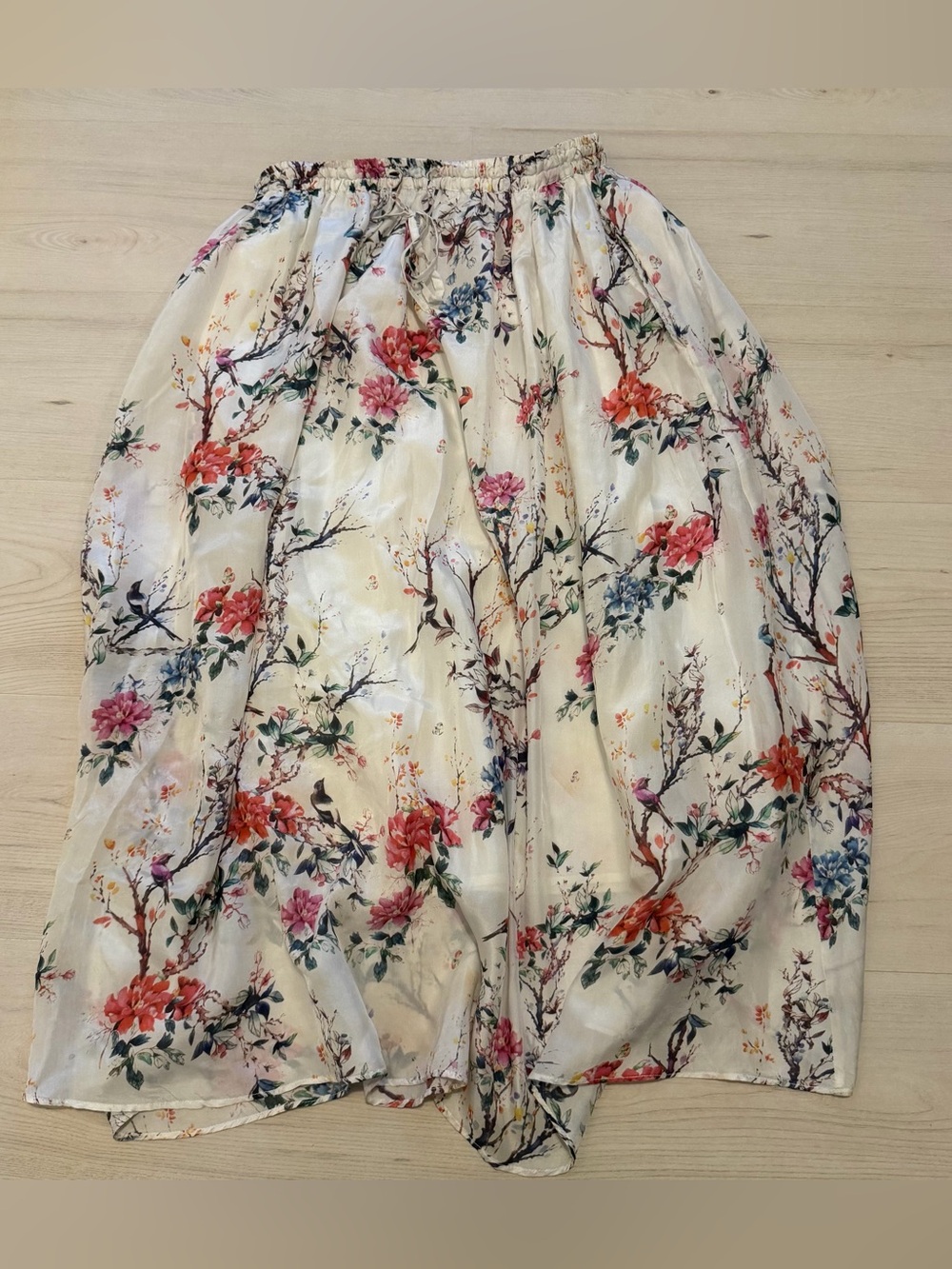 Floral Midi Skirt in Ivory with Pink & Red Blooms